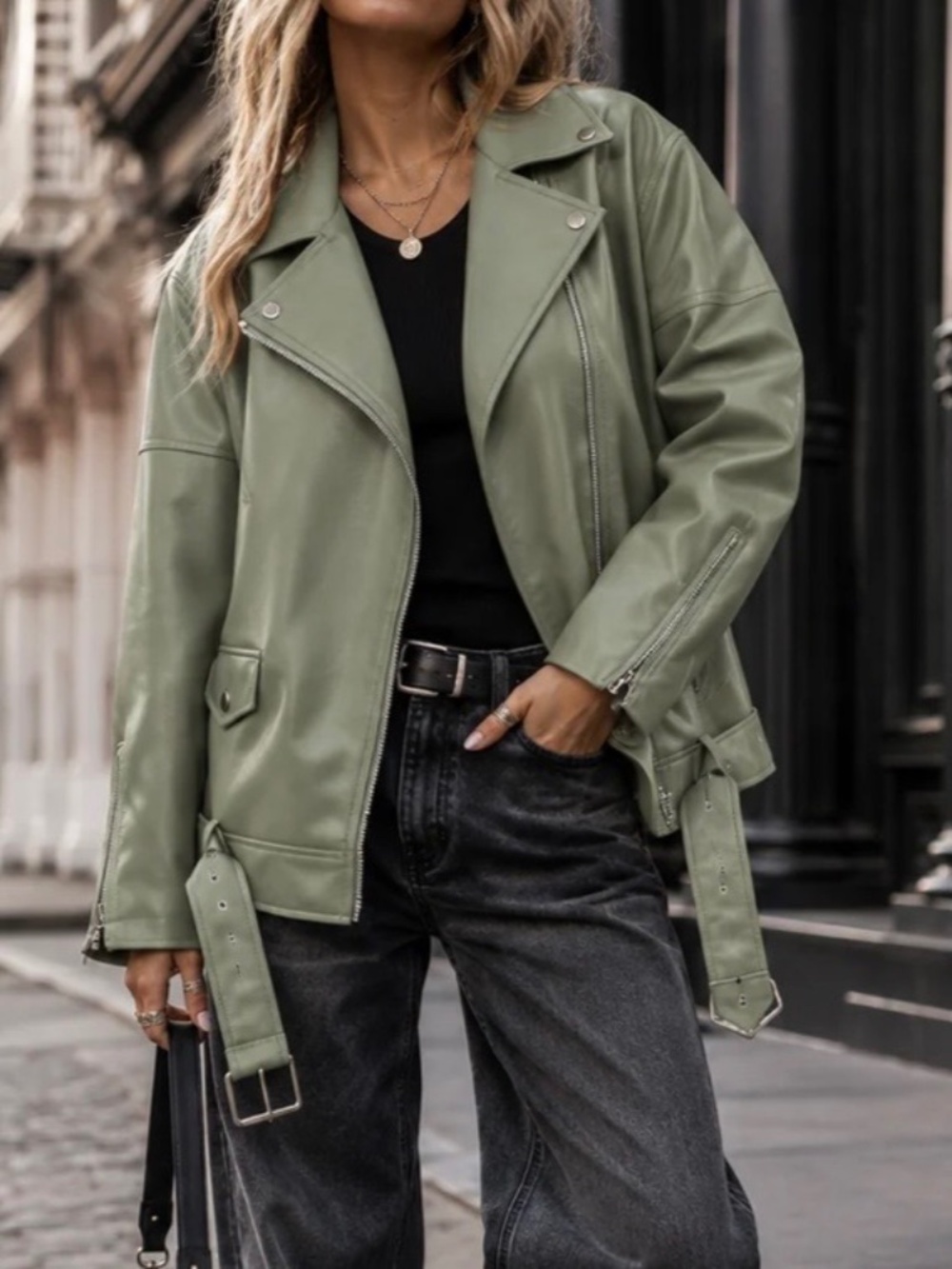 OLIVE GREEN ZIP UP FAUX LEATHER JACKET SIZE M/L - NWOT